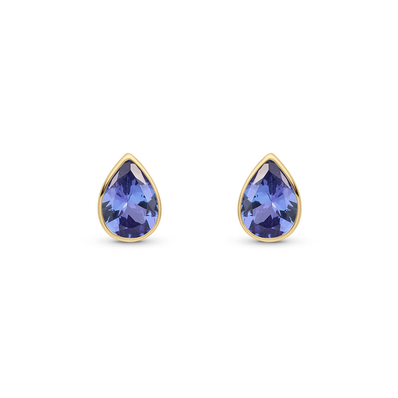 9ct Yellow Gold Pear Shaped Natural Tanzanite Rubover Stud Earrings — 7x5mm