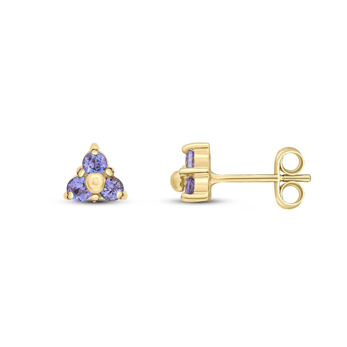 9ct Yellow Gold Round Natural Tanzanite Trefoil Claw Stud Earrings