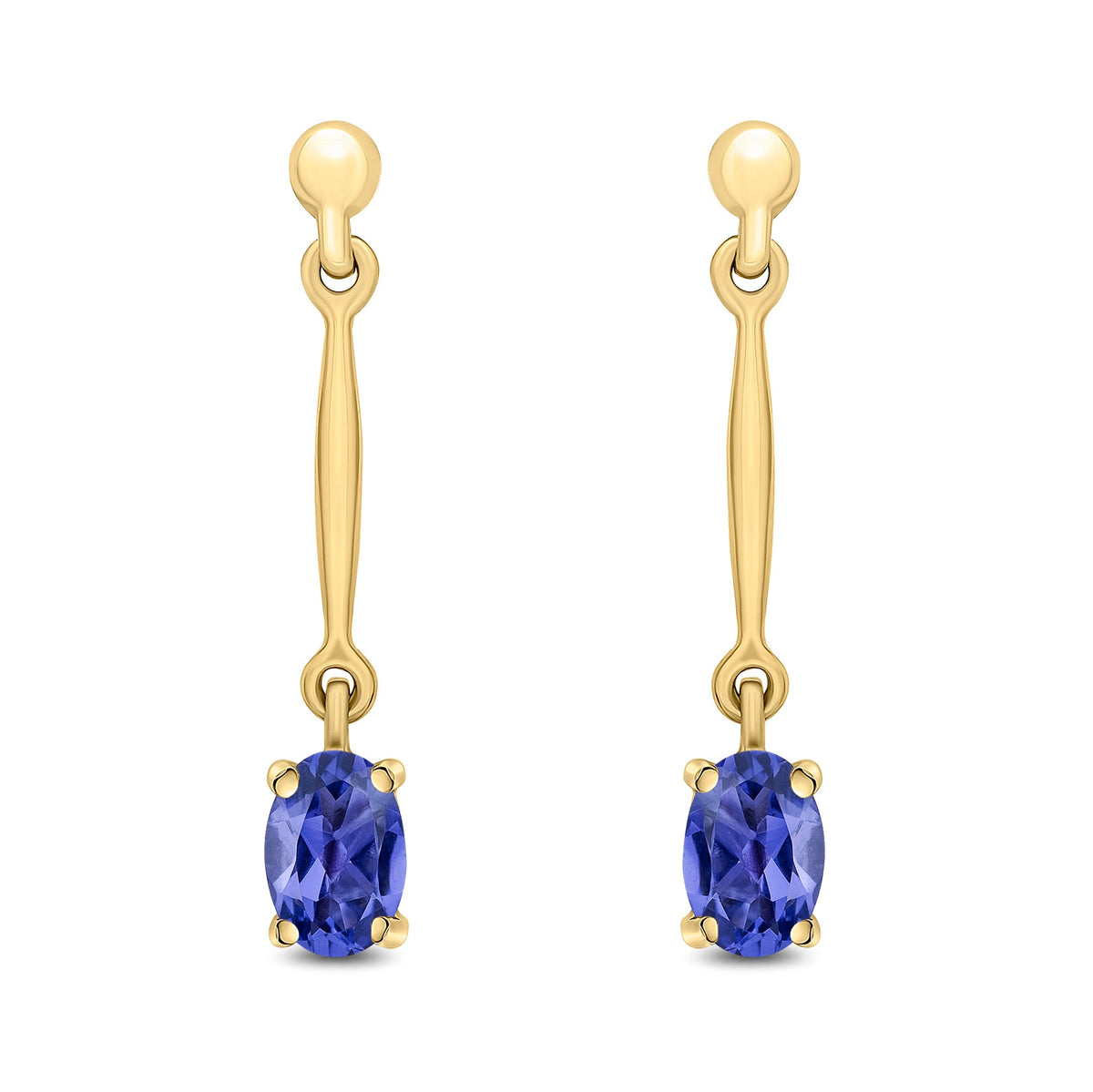 9ct Yellow Gold Oval Natural Tanzanite Claw Bar Drop Earrings — 6x4mm