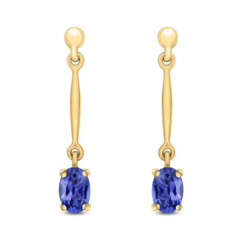 9ct Yellow Gold Oval Natural Tanzanite Claw Bar Drop Earrings — 6x4mm