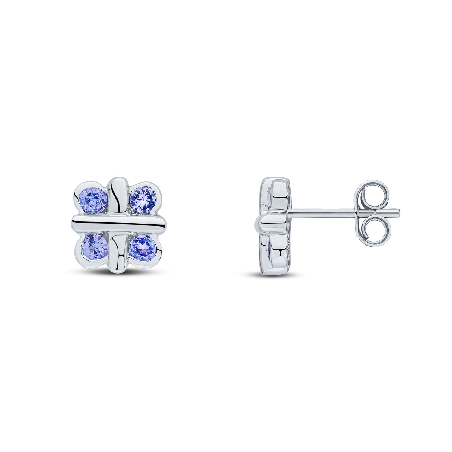 9ct White Gold Natural Tanzanite Rubover Quatrefoil Stud Earrings with Cross Centre
