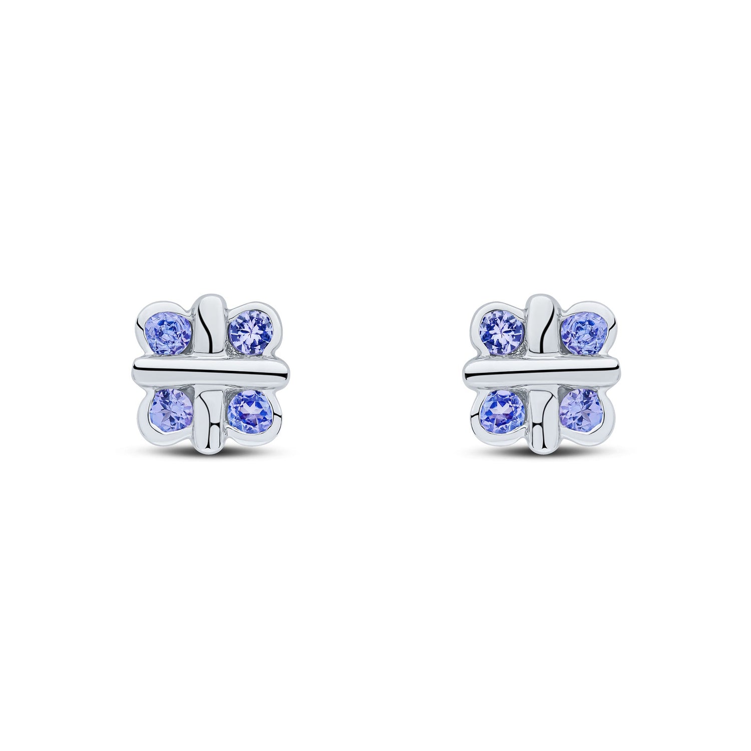 9ct White Gold Natural Tanzanite Rubover Quatrefoil Stud Earrings with Cross Centre