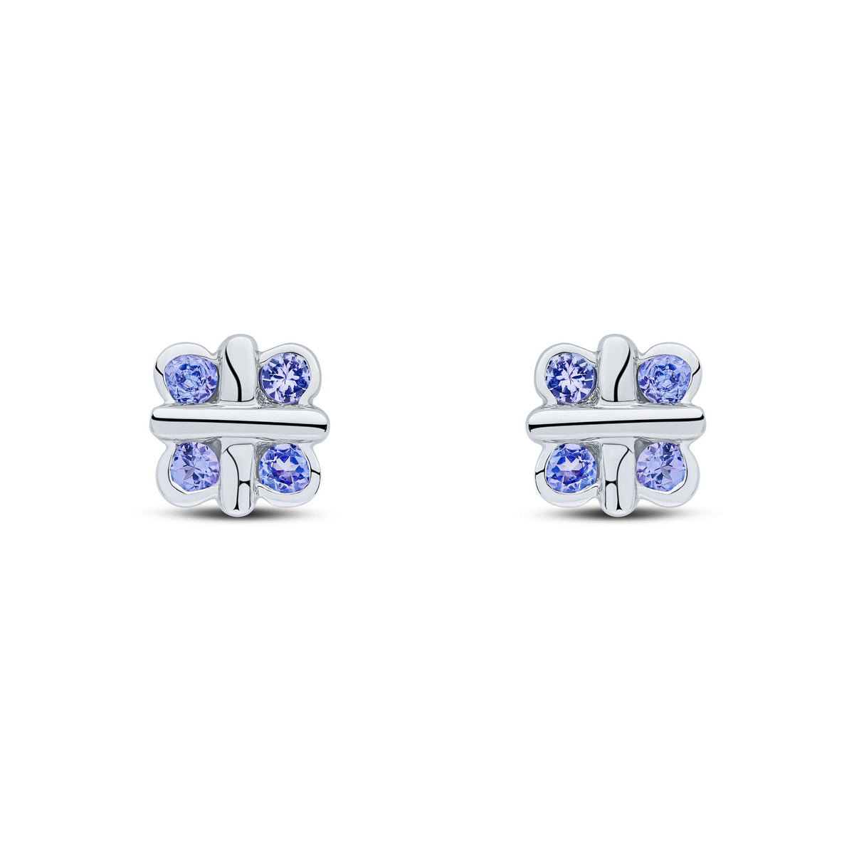 9ct White Gold Round Natural Tanzanite Rubover Quatrefoil Stud Earrings with Cross Centre