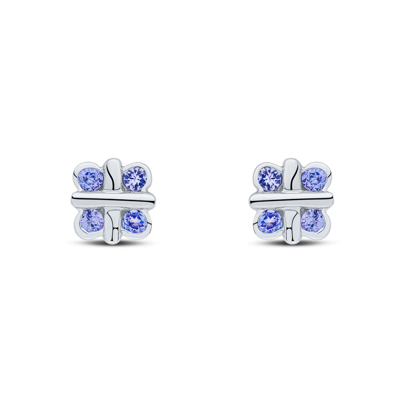 9ct White Gold Round Natural Tanzanite Rubover Quatrefoil Stud Earrings with Cross Centre