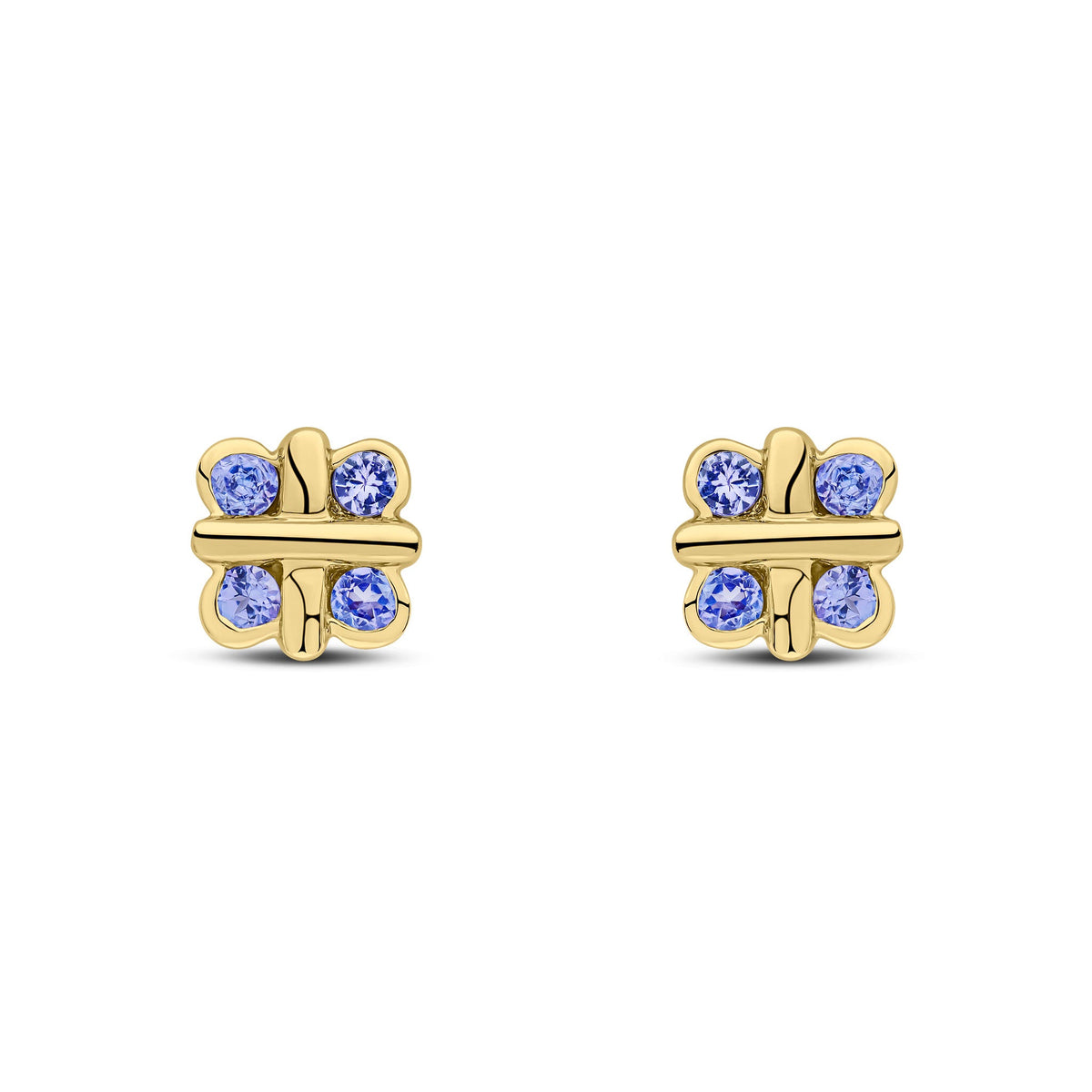 9ct Yellow Gold Round Natural Tanzanite Rubover Quatrefoil Stud Earrings with Cross Centre