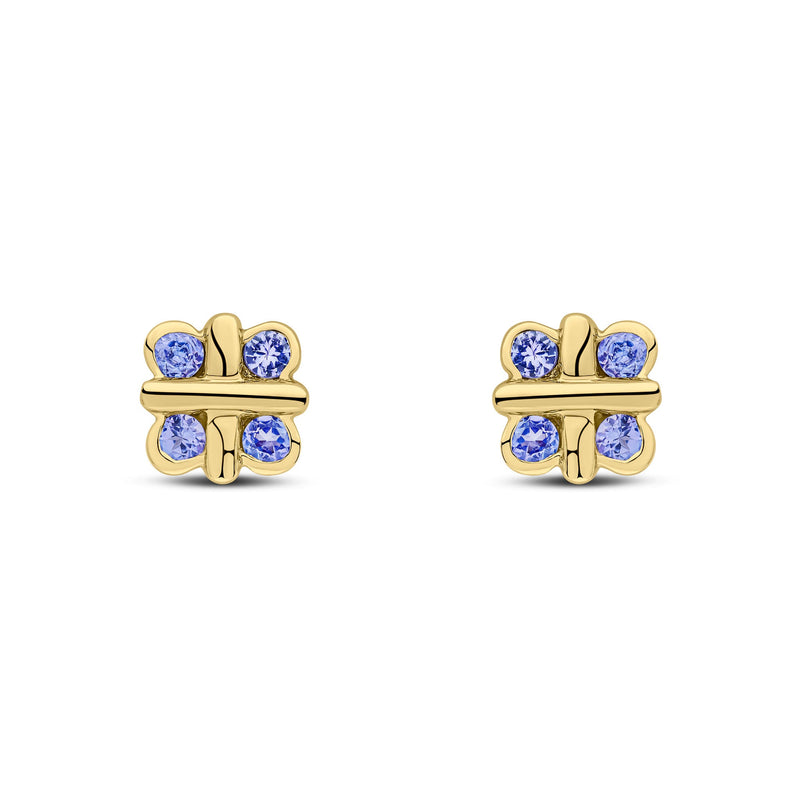 9ct Yellow Gold Round Natural Tanzanite Rubover Quatrefoil Stud Earrings with Cross Centre