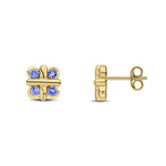 9ct Yellow Gold Round Natural Tanzanite Rubover Quatrefoil Stud Earrings with Cross Centre