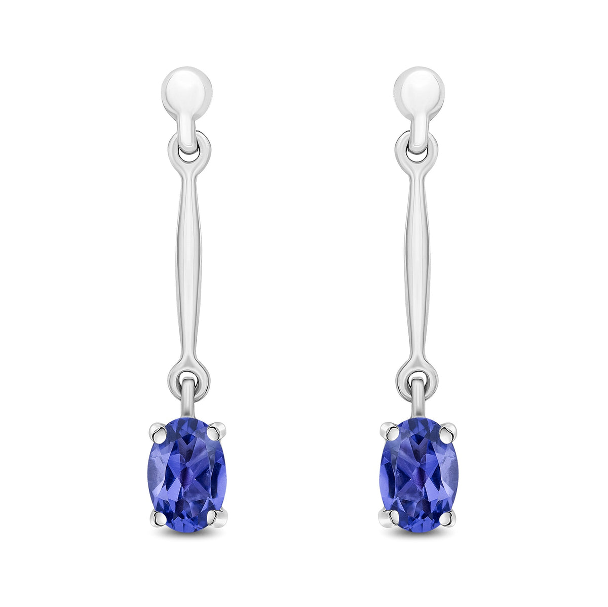 9ct White Gold Oval Natural Tanzanite Claw Bar Drop Earrings — 6x4mm