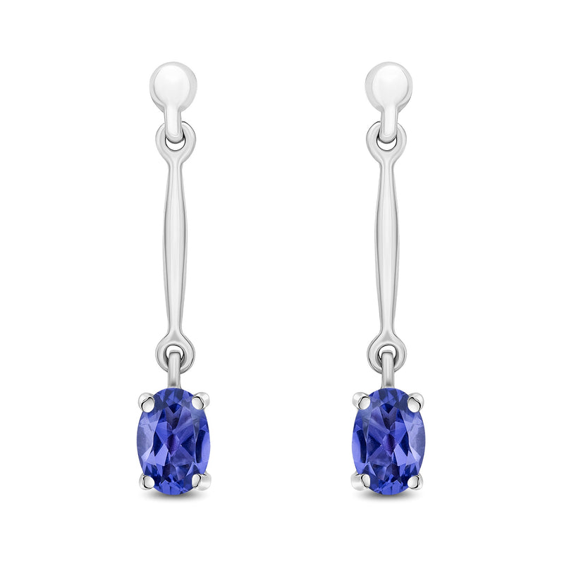 9ct White Gold Oval Natural Tanzanite Claw Bar Drop Earrings — 6x4mm