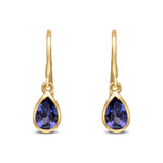9ct Yellow Gold Pear Shaped Natural Tanzanite Rubover Wire Hook Drop Earrings — 6x4mm
