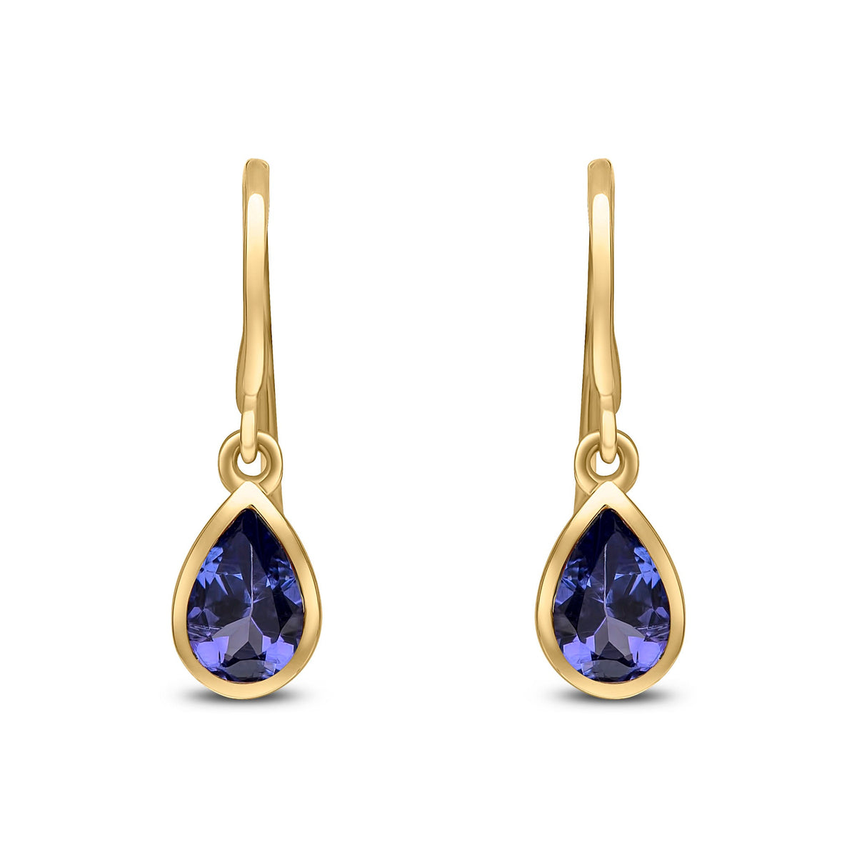 9ct Yellow Gold Pear Shaped Natural Tanzanite Rubover Wire Hook Drop Earrings — 6x4mm