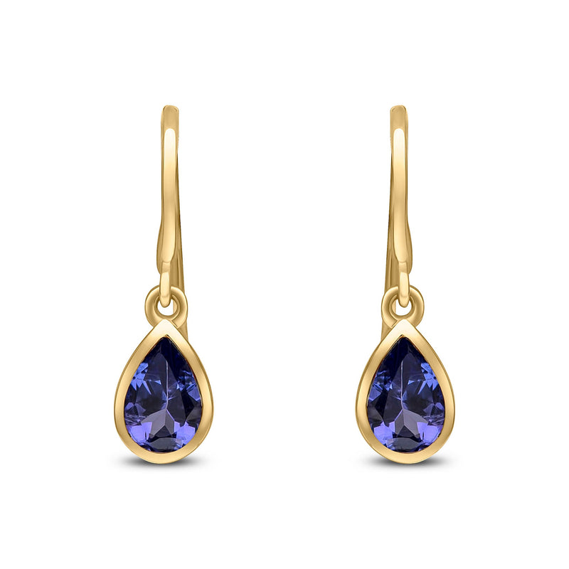 9ct Yellow Gold Pear Shaped Natural Tanzanite Rubover Wire Hook Drop Earrings — 6x4mm