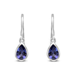 9ct White Gold Pear Shaped Natural Tanzanite Rubover Wire Hook Drop Earrings — 6x4mm