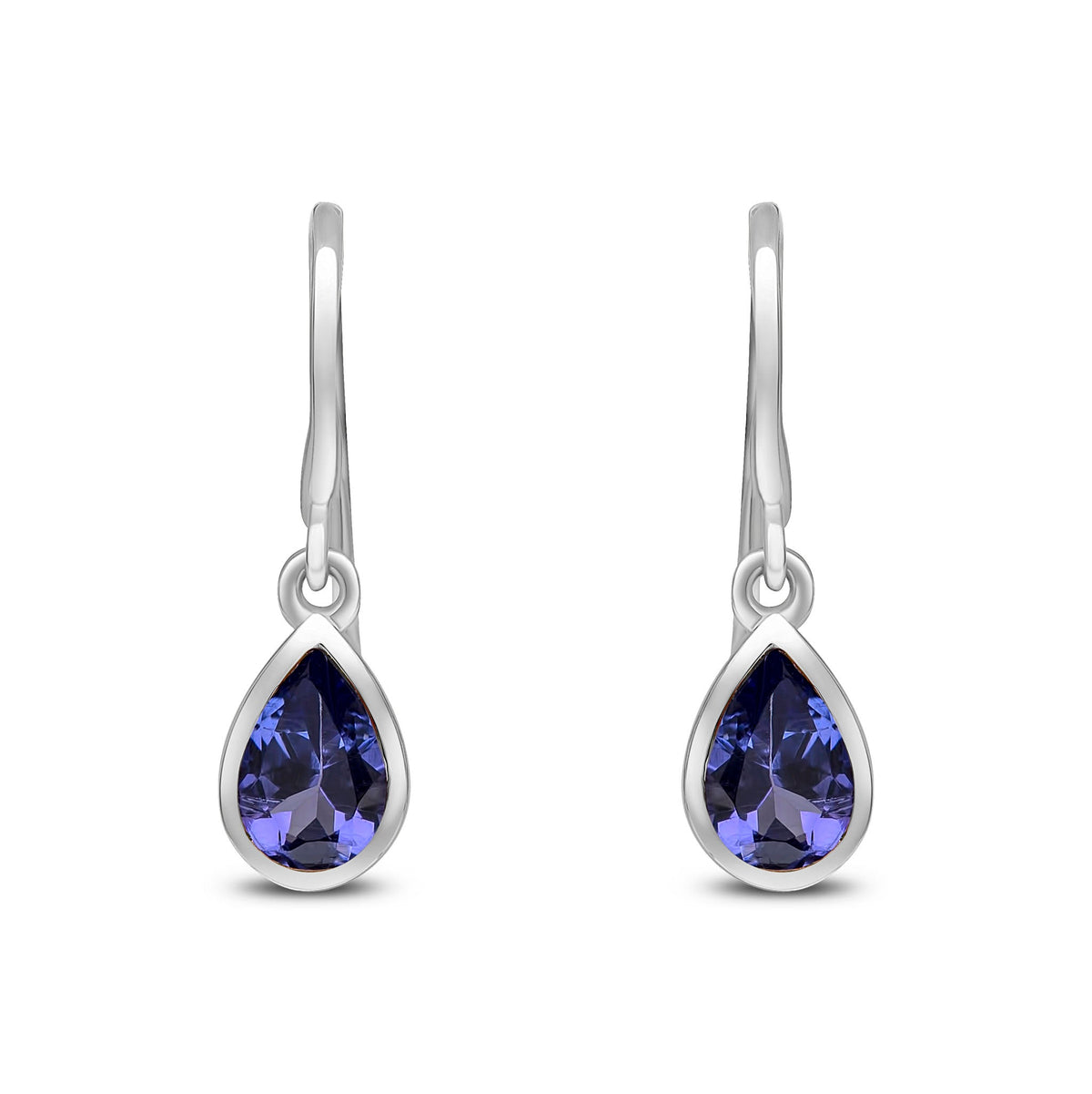 9ct White Gold Pear Shaped Natural Tanzanite Rubover Wire Hook Drop Earrings — 6x4mm