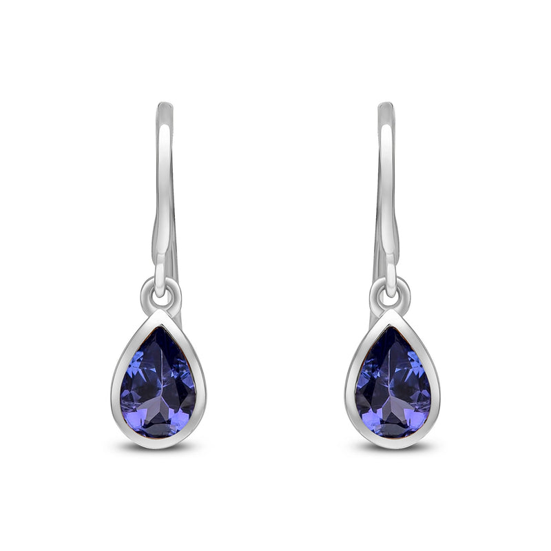 9ct White Gold Pear Shaped Natural Tanzanite Rubover Wire Hook Drop Earrings — 6x4mm