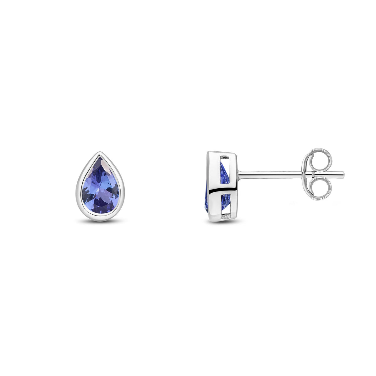 9ct White Gold Pear Shaped Natural Tanzanite Rubover Stud Earrings — 6x4mm