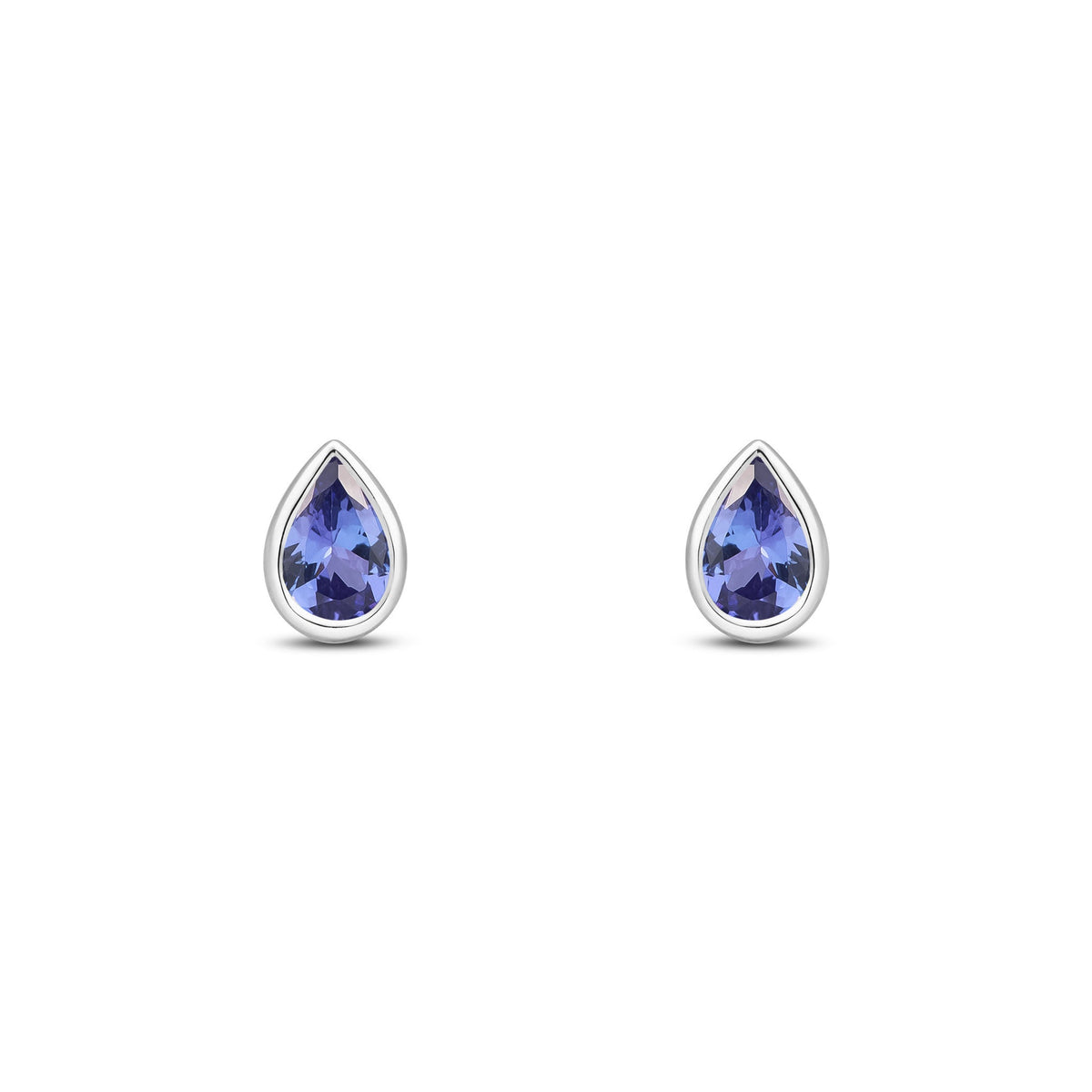 9ct White Gold Pear Shaped Natural Tanzanite Rubover Stud Earrings — 6x4mm