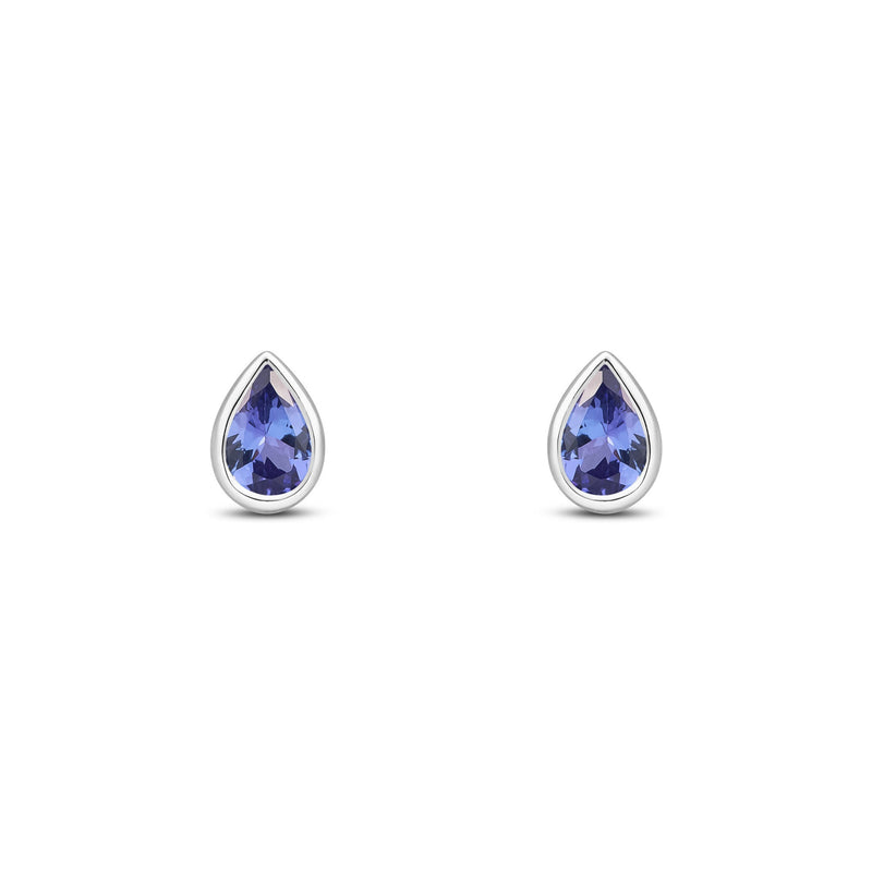 9ct White Gold Pear Shaped Natural Tanzanite Rubover Stud Earrings — 6x4mm