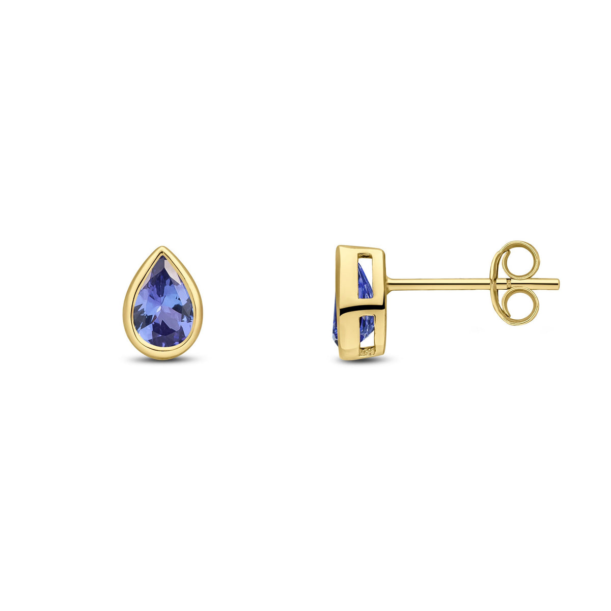 9ct Yellow Gold Pear Shaped Natural Tanzanite Rubover Stud Earrings — 6x4mm