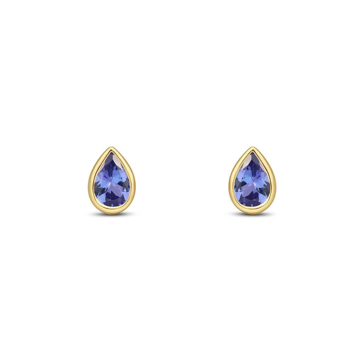 9ct Yellow Gold Pear Shaped Natural Tanzanite Rubover Stud Earrings — 6x4mm