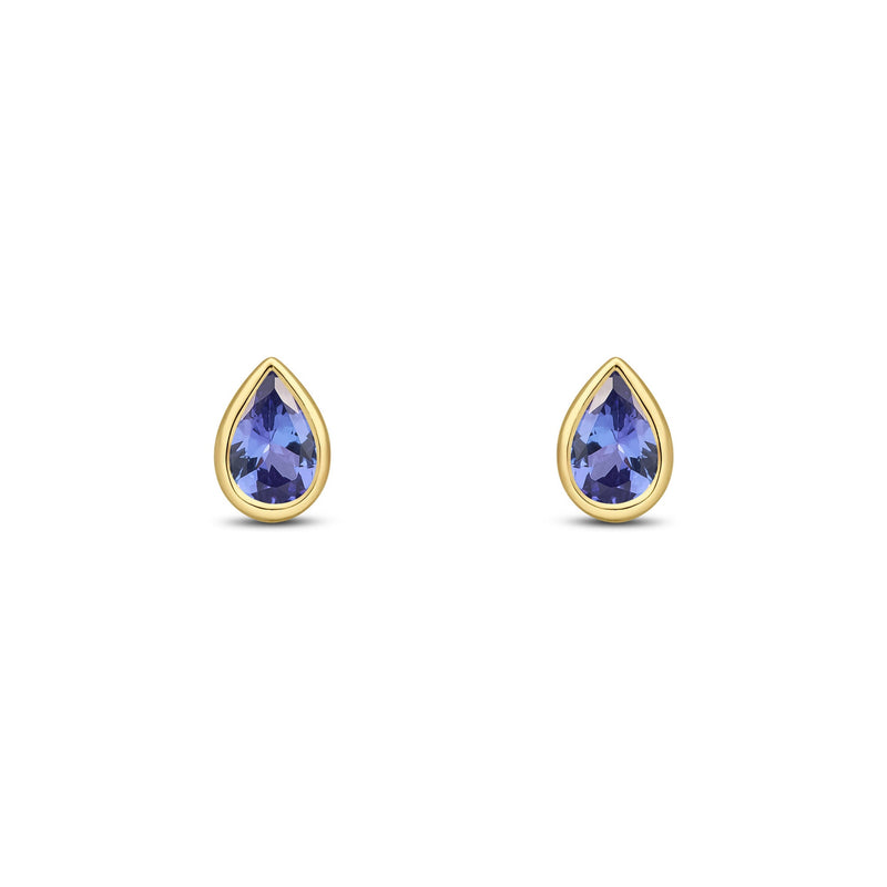 9ct Yellow Gold Pear Shaped Natural Tanzanite Rubover Stud Earrings — 6x4mm