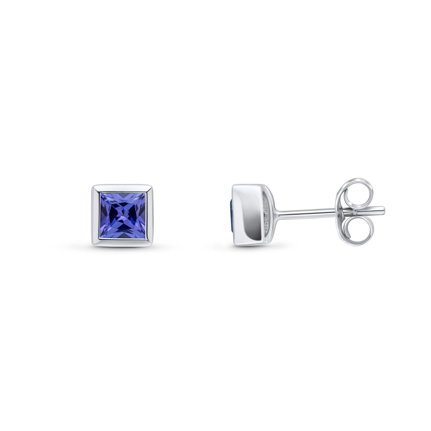 9ct White Gold Square Natural Tanzanite Rubover Stud Earrings — 4mm