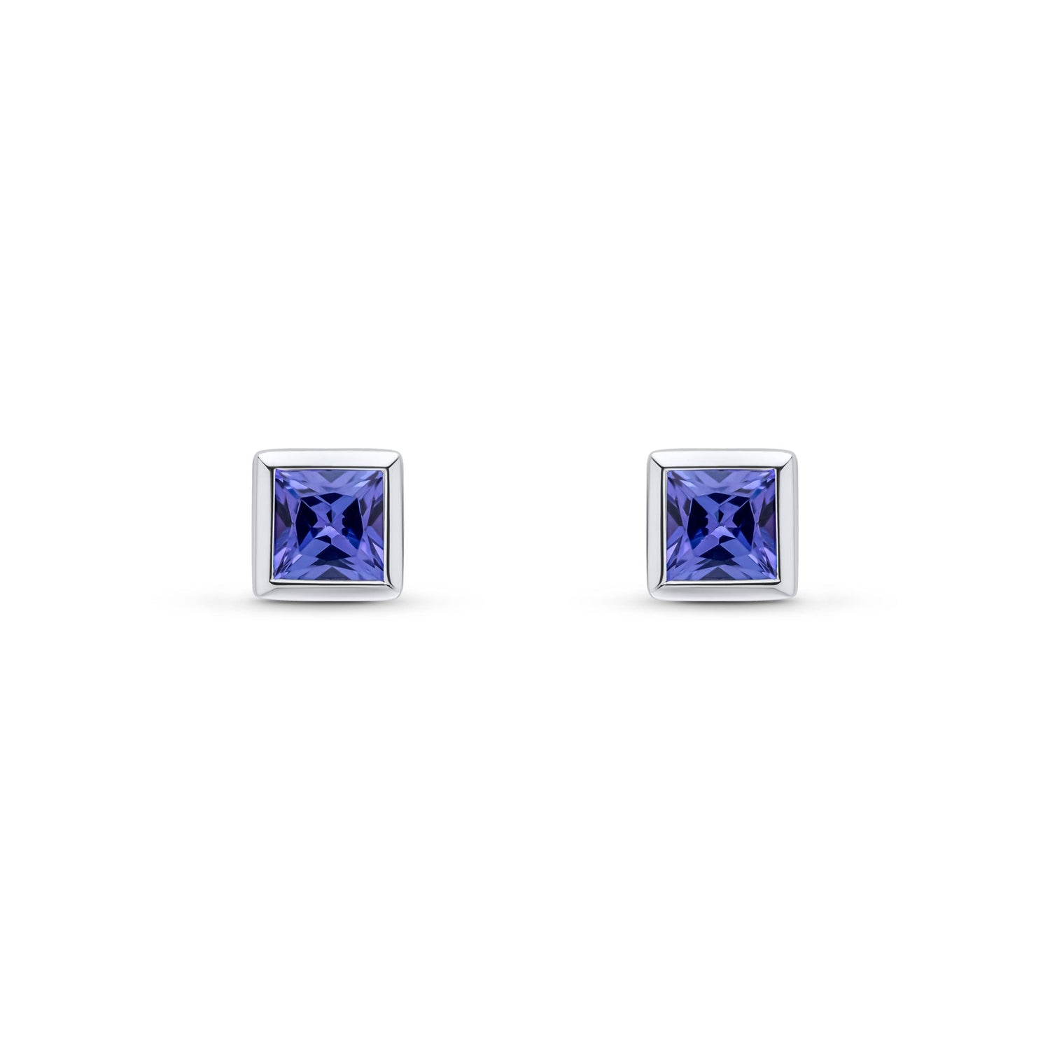 9ct White Gold Square Natural Tanzanite Rubover Stud Earrings — 4mm