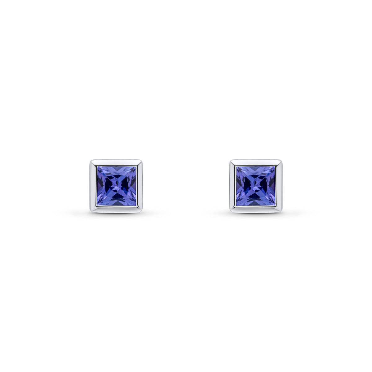 9ct White Gold Square Natural Tanzanite Rubover Stud Earrings — 4mm