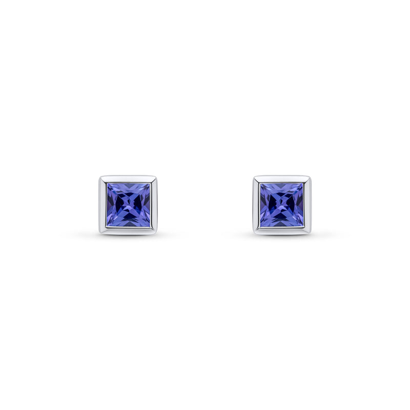 9ct White Gold Square Natural Tanzanite Rubover Stud Earrings — 4mm