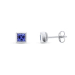 9ct White Gold Square Natural Tanzanite Rubover Stud Earrings — 4mm