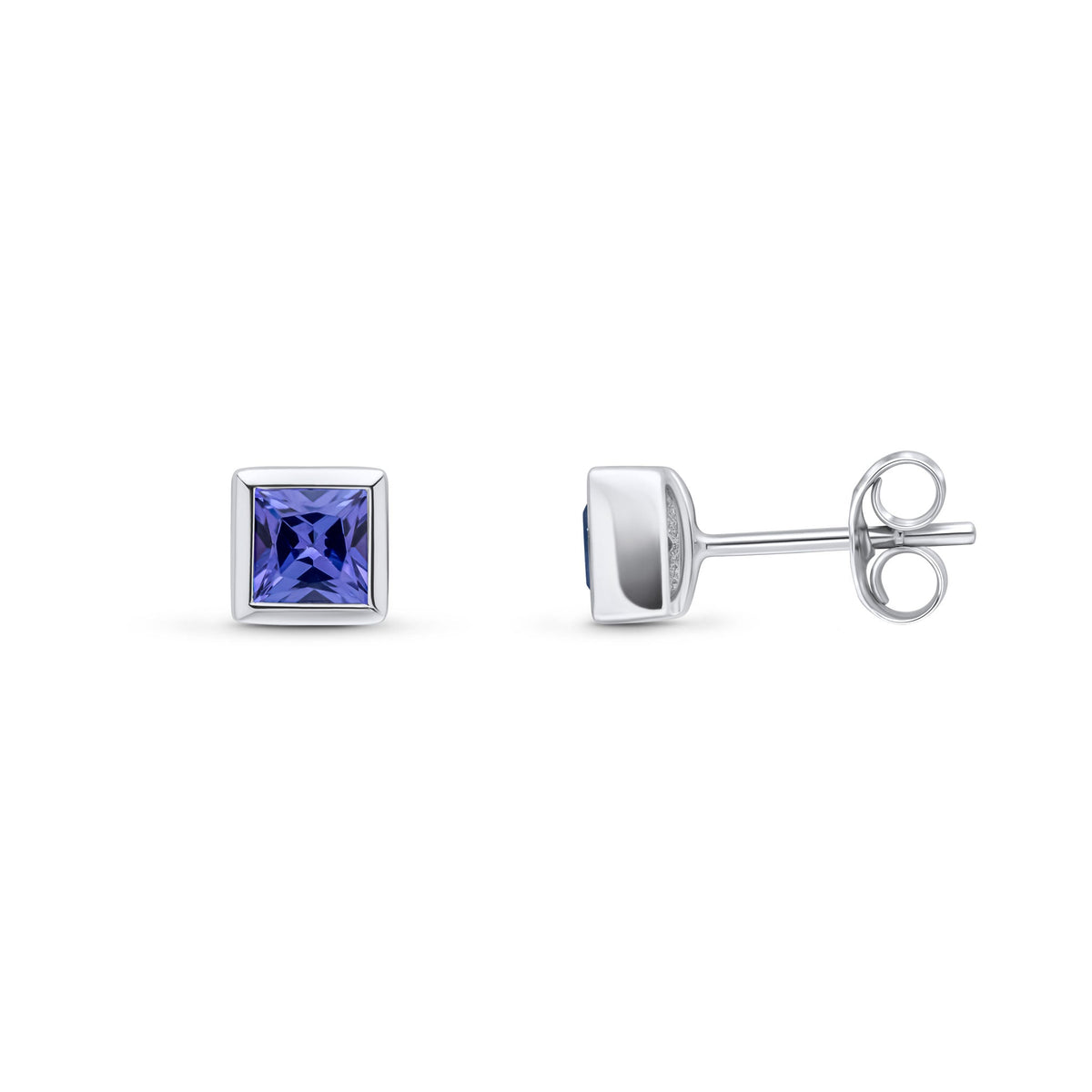 9ct White Gold Square Natural Tanzanite Rubover Stud Earrings — 4mm