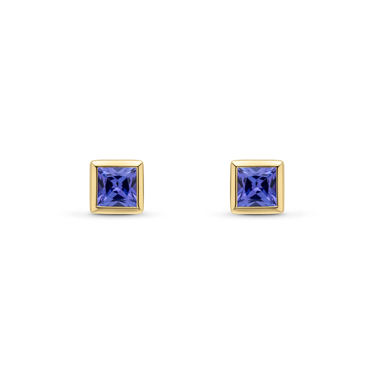 9ct Yellow Gold Square Natural Tanzanite Rubover Stud Earrings — 4mm