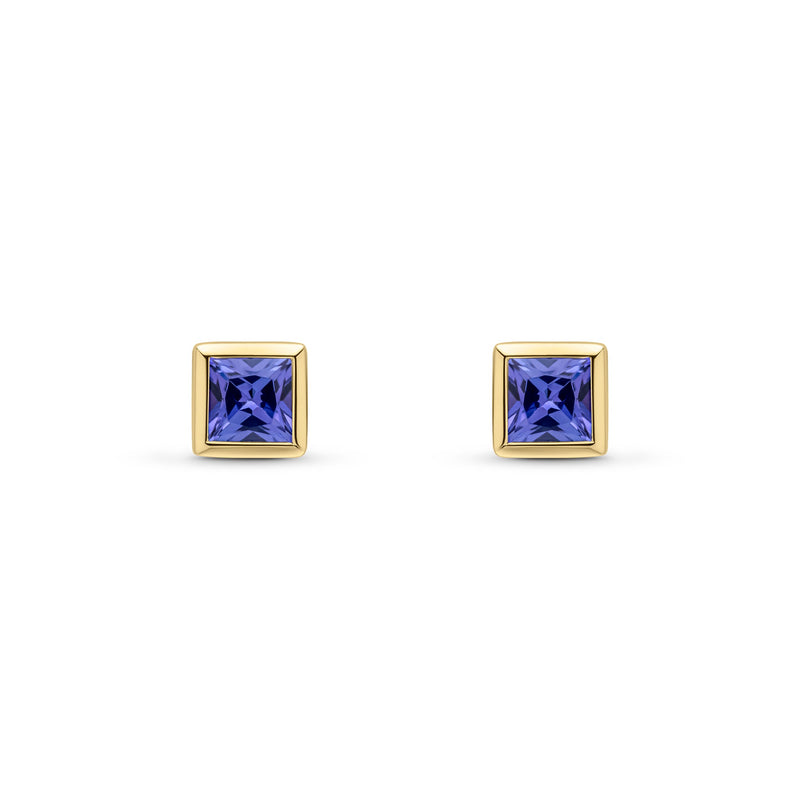 9ct Yellow Gold Square Natural Tanzanite Rubover Stud Earrings — 4mm
