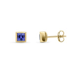 9ct Yellow Gold Square Natural Tanzanite Rubover Stud Earrings — 4mm