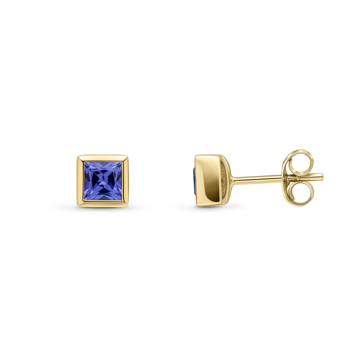 9ct Yellow Gold Square Natural Tanzanite Rubover Stud Earrings — 4mm