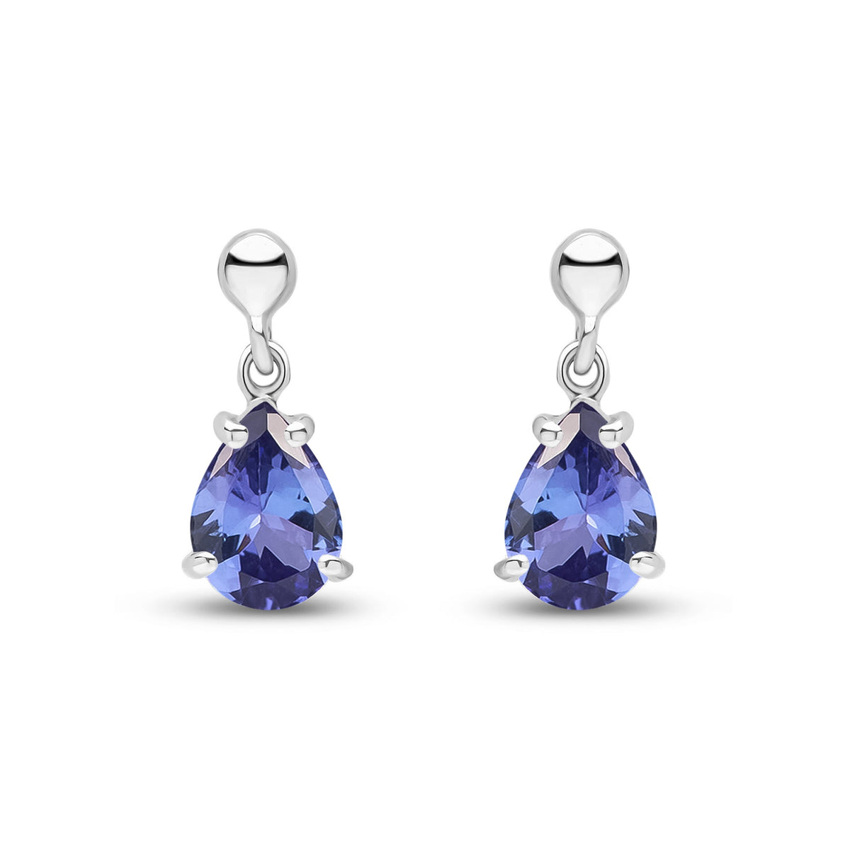 9ct White Gold Pear Shaped Natural Tanzanite Claw Drop Earrings — 7x5mm