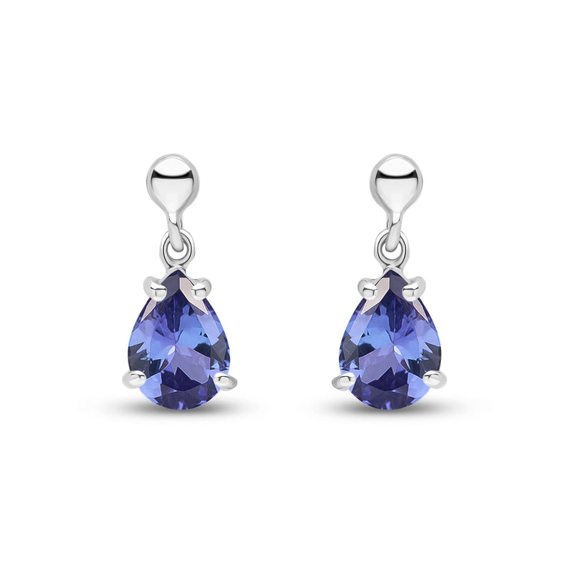 9ct White Gold Pear Shaped Natural Tanzanite Claw Drop Earrings — 7x5mm
