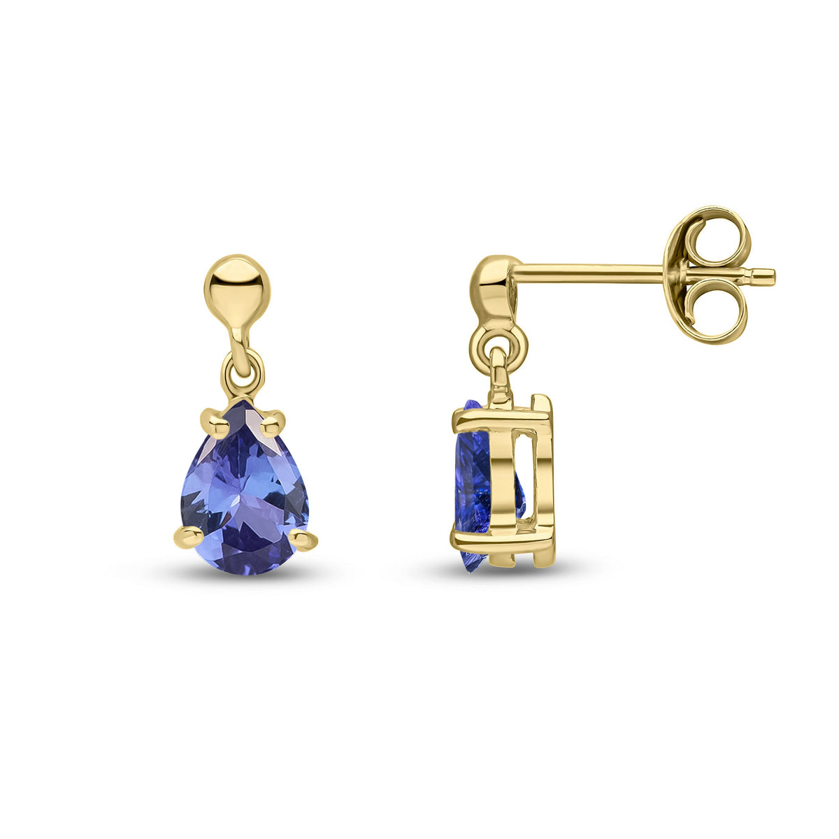 9ct Yellow Gold Pear Shaped Natural Tanzanite Claw Drop Earrings — 7x5mm