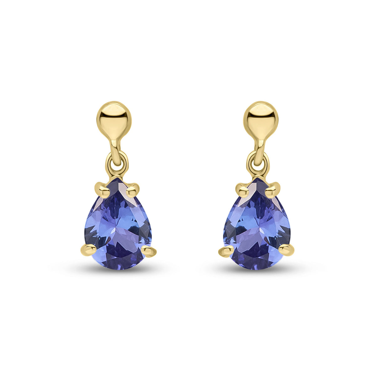 9ct Yellow Gold Pear Shaped Natural Tanzanite Claw Drop Earrings — 7x5mm