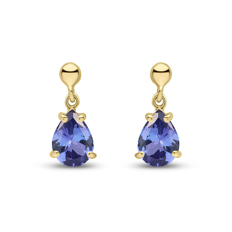 9ct Yellow Gold Pear Shaped Natural Tanzanite Claw Drop Earrings — 7x5mm