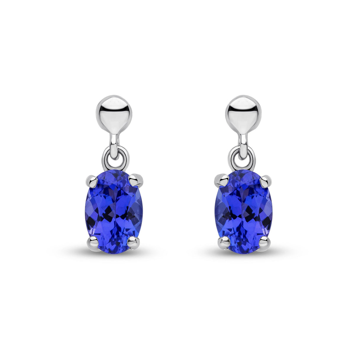 9ct White Gold Oval Natural Tanzanite Claw Drop Earrings with Bead Top — 6x4mm