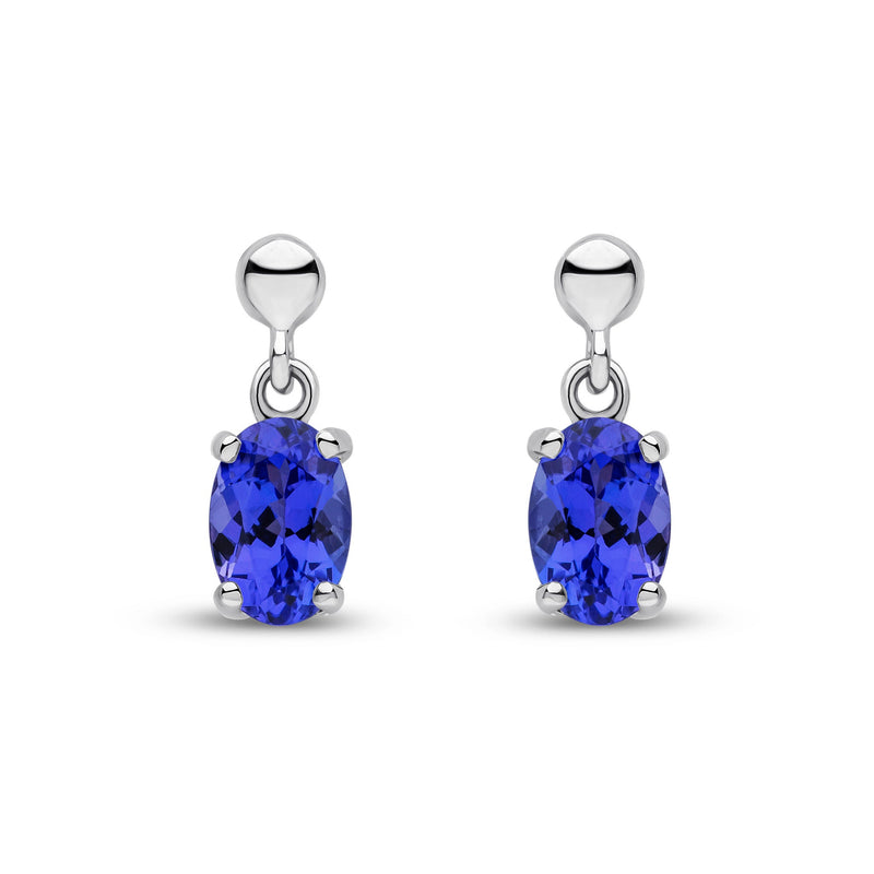 9ct White Gold Oval Natural Tanzanite Claw Drop Earrings with Bead Top — 6x4mm