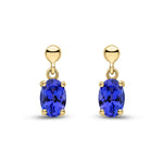 9ct Yellow Gold Oval Natural Tanzanite Claw Drop Earrings with Bead Top — 6x4mm
