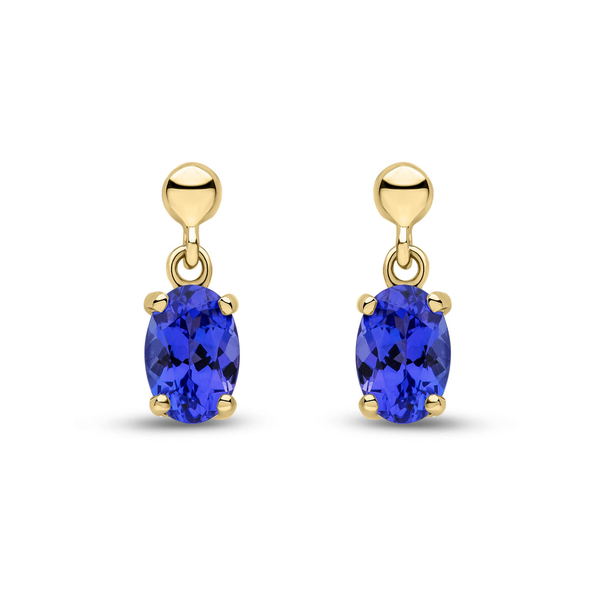 9ct Yellow Gold Oval Natural Tanzanite Claw Drop Earrings with Bead Top — 6x4mm