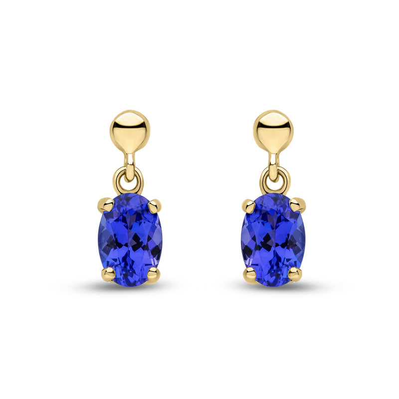 9ct Yellow Gold Oval Natural Tanzanite Claw Drop Earrings with Bead Top — 6x4mm