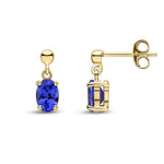 9ct Yellow Gold Oval Natural Tanzanite Claw Drop Earrings with Bead Top — 6x4mm