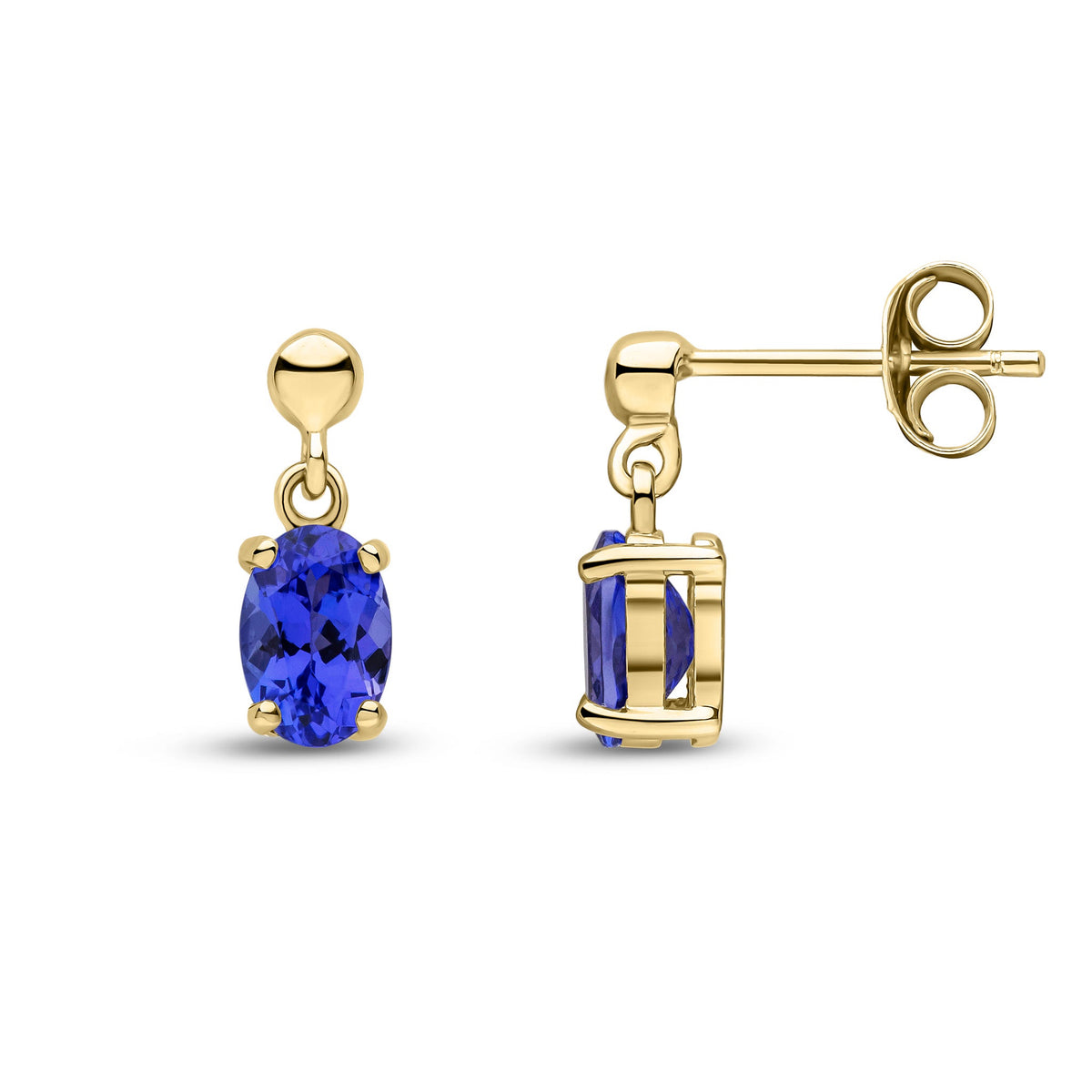 9ct Yellow Gold Oval Natural Tanzanite Claw Drop Earrings with Bead Top — 6x4mm