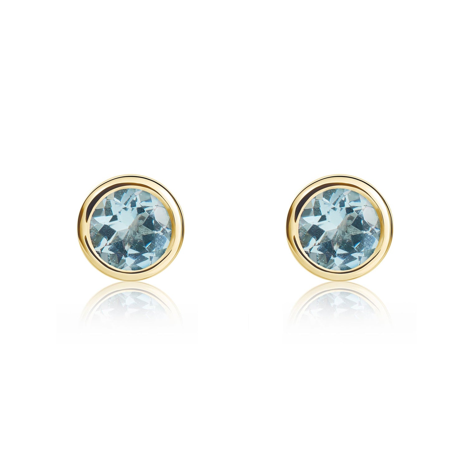 9ct Yellow Gold Round Natural Aquamarine Rubover Stud Earrings — 4mm