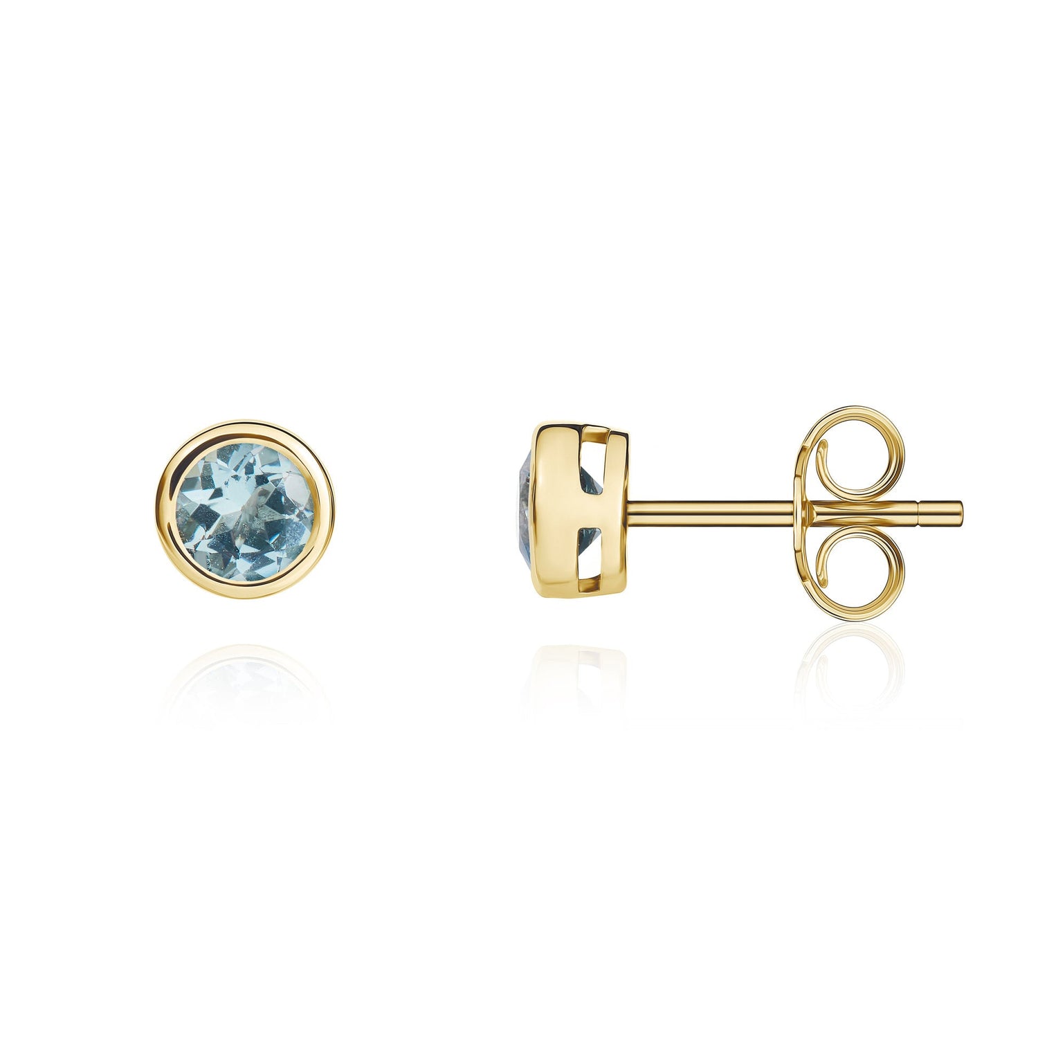 9ct Yellow Gold Round Natural Aquamarine Rubover Stud Earrings — 4mm
