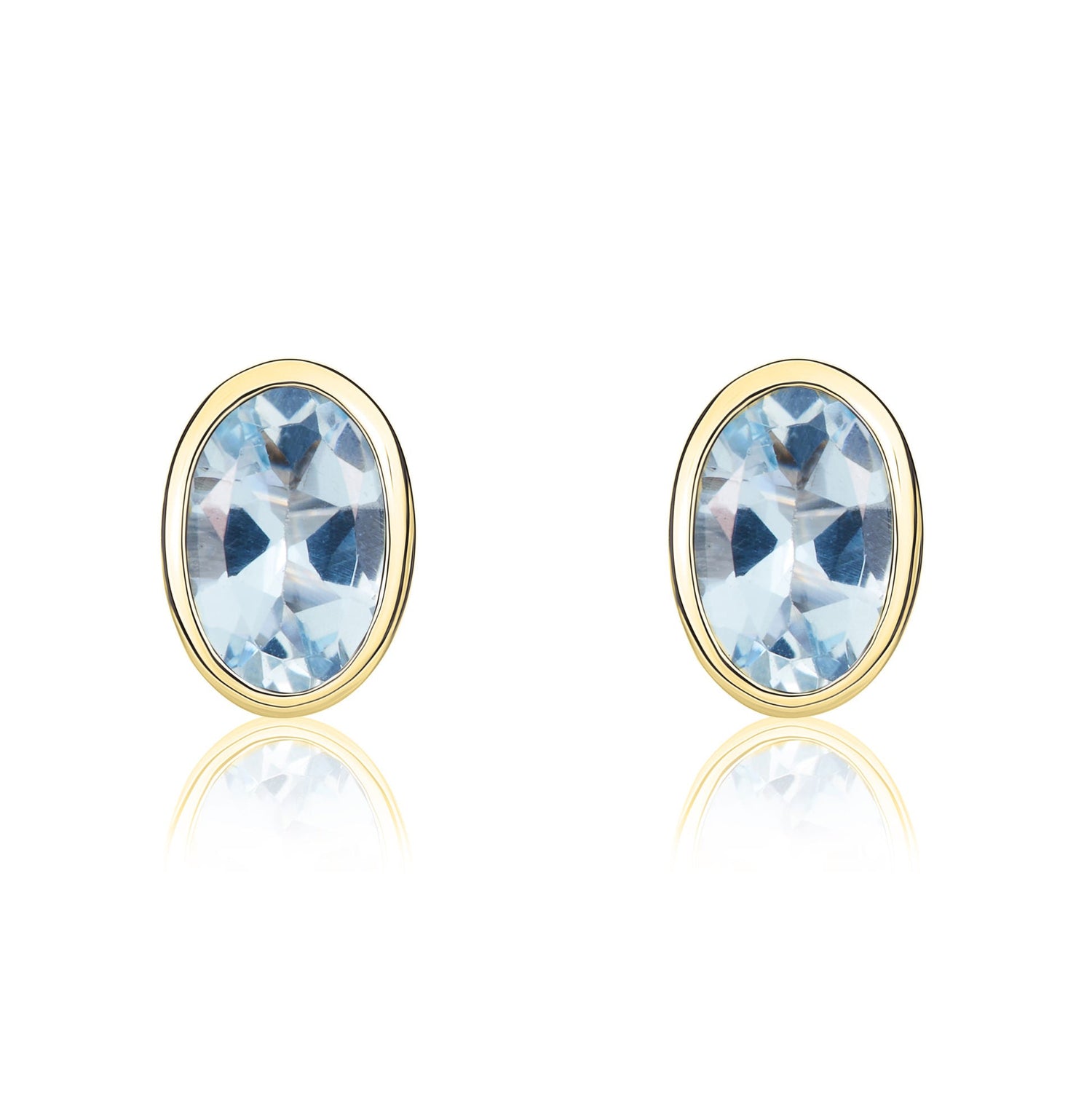 9ct Yellow Gold Oval Natural Aquamarine Rubover Stud Earrings — 6x4mm